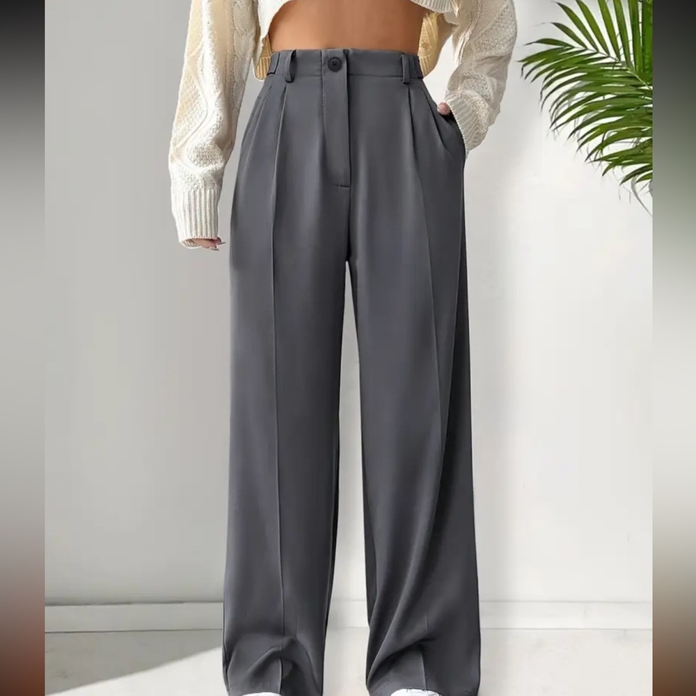 Elegant Gray Women's High-Waisted Pants